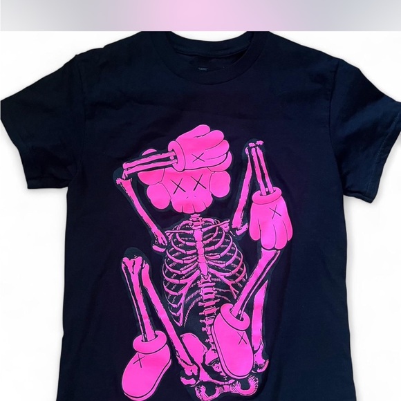 KAWS Black Tee with Pink Skeleton Graphic - Picture 1 of 4